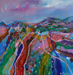 Colouful abstract landscape with mountains and fields by Irish artist Martina Furlong