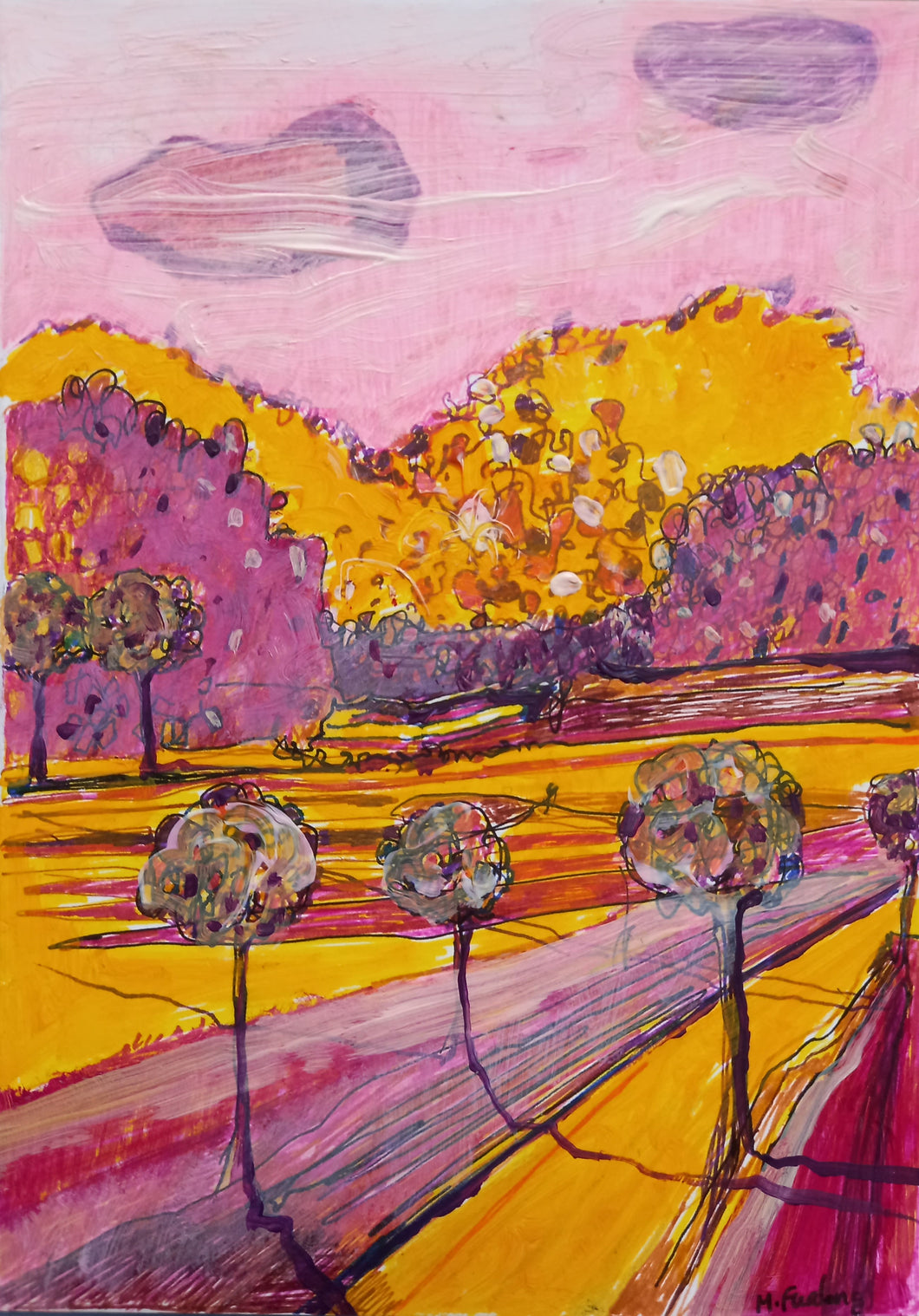 Landscape Study With Purple And Gold - original painting on card (H17.5xW12.5cm)