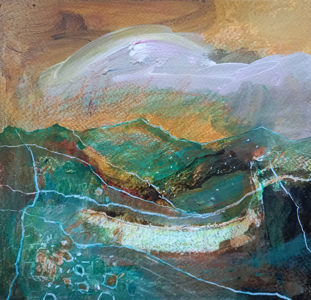 Towards The Mountains - original mixed media painting on paper (H20.2xW20.5cm)