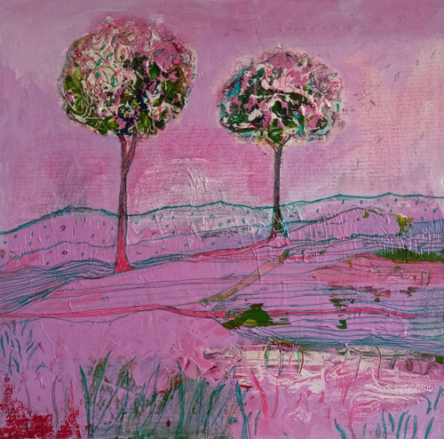 Two Trees Under A Pink Sky II - original mixed media painting on card (H20.3xW20.3cm)