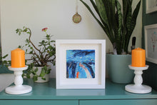 Load image into Gallery viewer, Framed art in situ Expressionist abstract landscape painting in blue and orange by Irish Artist Martina Furlong