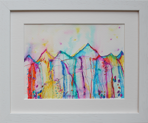 Rainbow coloured drawing inspired by the magical, mountainous Irish landscape, intuition, memories and imagination in ink pens