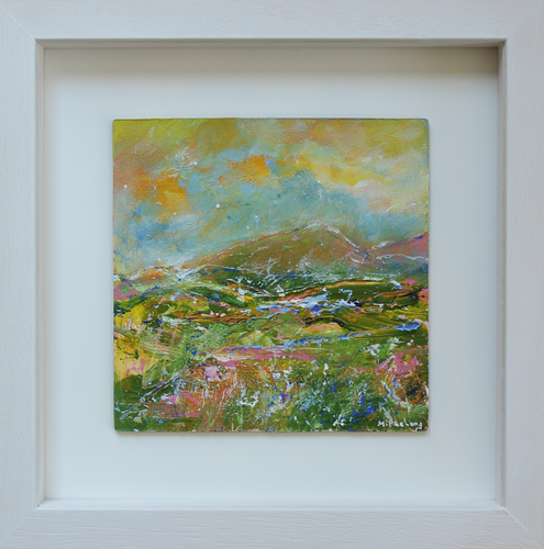 Green pink and yellow semi abstract landscape painting by Irish artist Martina Furlong