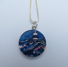 Load image into Gallery viewer, Hand painted pendant in blue and red with sterling silver chain