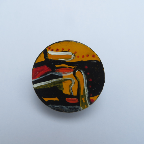 Unique hand painted brooch with yellow abstract painting statement jewellery wearable art brooch designed and made in Ireland