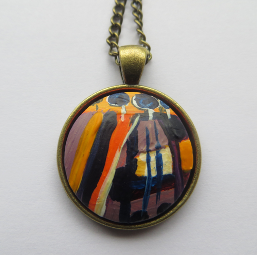 Hand painted pendant in yellow orange purple blue and white