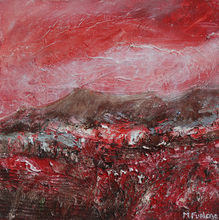 Load image into Gallery viewer, Irish landscape painting with red sky mountains and fields by Martina Furlong